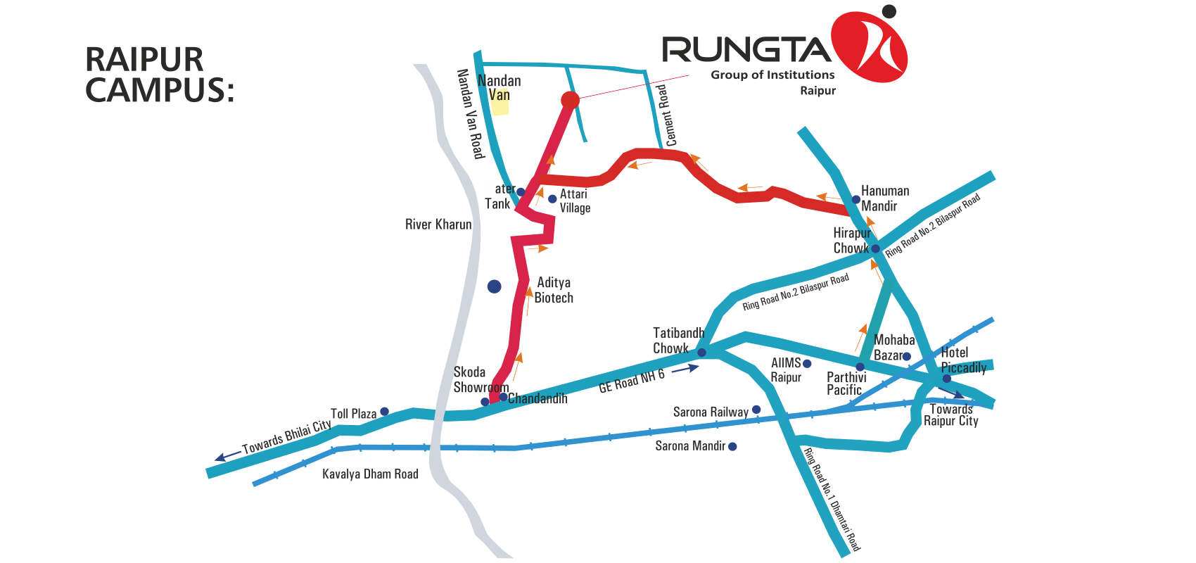 Rungta College, RAIPUR CAMPUS - ROAD MAP